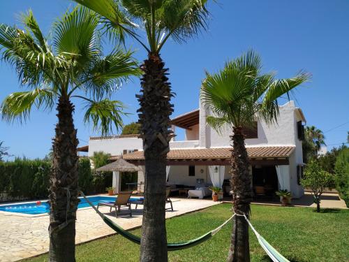 una casa con palmeras frente a una piscina en sa rapita paradise, en Sa Ràpita