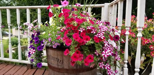 a barrel filled with flowers on a porch at Trickling Waters Retreat in Marquette