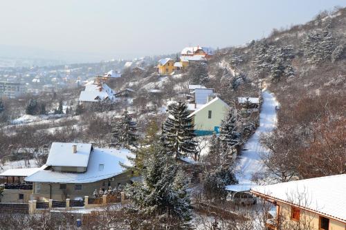 a small town covered in snow on a mountain at Anna Apartment in Budaörs