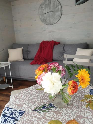 a vase of flowers on a table in a living room at Tinyhaus Wolkenlos Familie Hamdorf in Bad Sulza