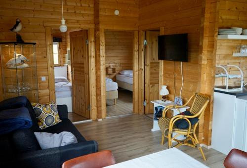 ein Wohnzimmer mit einem Sofa und einem TV in einer Hütte in der Unterkunft Guesthouse Birkifell in Nesjum