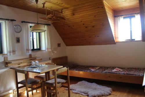 Habitación con cama, mesa y sillas. en Yveta - Depandance Horské Zátiší, en Horní Mísečky
