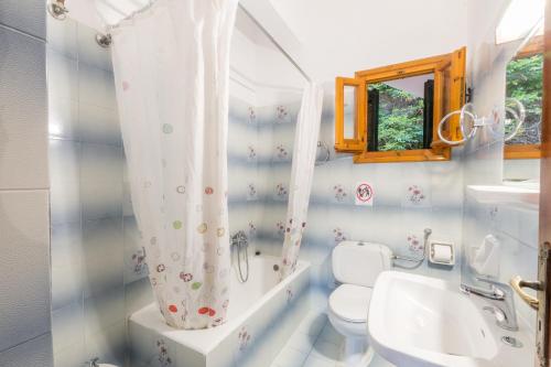 a bathroom with a toilet and a sink and a mirror at Villa Maria Makri in Paleokastritsa