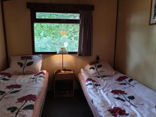Habitación pequeña con 2 camas y ventana en Domaine Le Bois de l'Espaud, en Tronget
