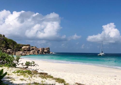 a sail boat in the water on a beach at Château de feuilles & SPA - Praslin island in Baie Sainte Anne