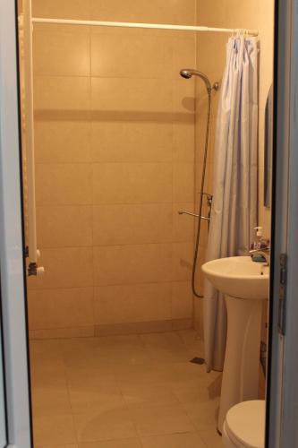 a bathroom with a shower and a toilet and a sink at HQ of Nove Sujashvili in Stepantsminda