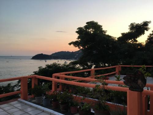 a view of the ocean from a balcony with plants at Bungalows pacíficos in Zihuatanejo