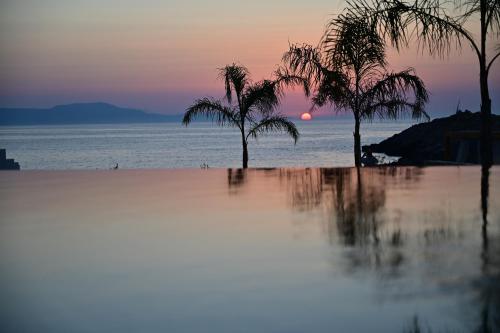 two palm trees on a beach at sunset at Kavos Hotel & Suites in Stavros