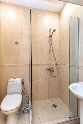 a bathroom with a shower with a toilet and a sink at SWEET HOME 7 at Freedom Square in Tbilisi City