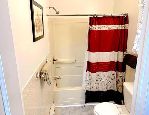 a bathroom with a shower curtain and a toilet at Micosta Leisure Inn in Hudson