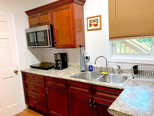 a kitchen with a sink and a microwave at Micosta Leisure Inn in Hudson