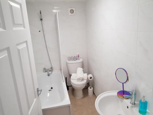 La salle de bains blanche est pourvue de toilettes et d'un lavabo. dans l'établissement Vetrelax Harwich Deluxe Suite, à Harwich