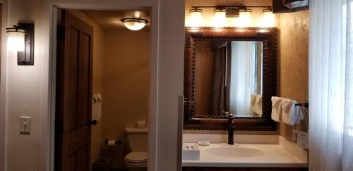 a bathroom with a sink and a large mirror at The Rockwell Inn in Jackson