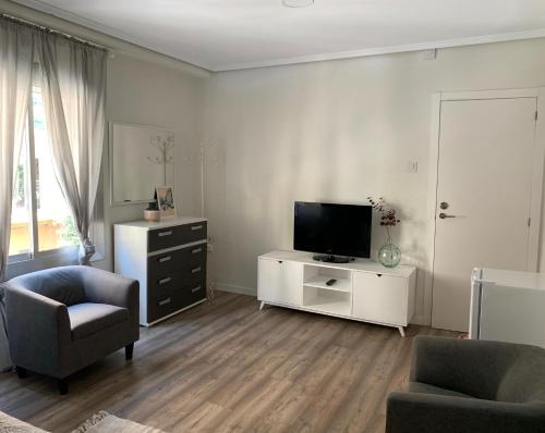 uma sala de estar com uma televisão, um sofá e uma cadeira em Habitación bien situada, cómoda y nueva em Valência