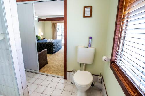a bathroom with a toilet and a mirror at Ainslie Manor Guest House in Redcliffe
