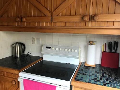 a white stove top oven in a kitchen at Karori Cottage in Wellington