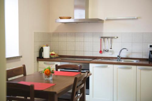 a kitchen with a wooden table with chairs and a sink at Guesthouse Muha in Lipica