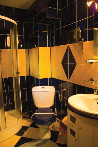 a bathroom with a toilet and a shower and a sink at Pensiunea Medina in Cheia