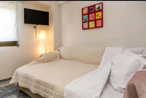 a bedroom with a bed and a flat screen tv at Mary's studio in Volos