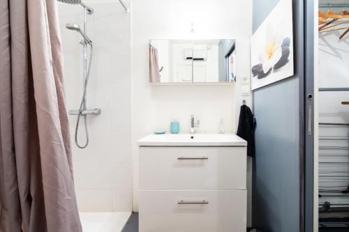 La salle de bains blanche est pourvue d'un lavabo et d'une douche. dans l'établissement Monplaisir, à Toulouse