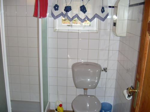 a small bathroom with a toilet and a window at Jabjemööh's Huus in Greetsiel