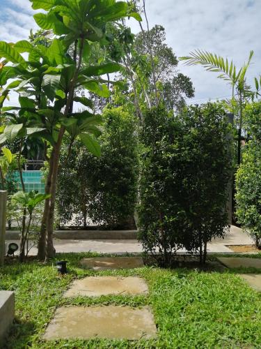 a garden with two trees and a sidewalk at JR Place in Klong Muang Beach