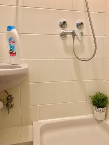 a bathroom with a tub and a shower with a bottle of soap at Villa Füred in Balatonalmádi