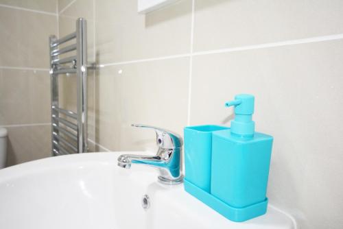 a bathroom sink with a blue soap dispenser on it at London Zone 2 Three Bedroom Apartment in London