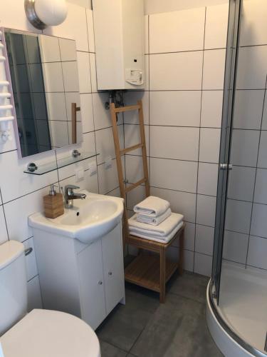 a bathroom with a sink and a toilet and a shower at APARTAMENT KILIŃSKIEGO 9 in Świdnica
