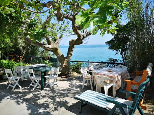 d'une table et de chaises avec vue sur l'océan. dans l'établissement vacanze al Mare appartamento in villa, à Torino di Sangro