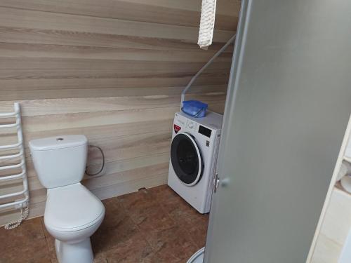 a bathroom with a toilet and a washing machine at Large apartment with parking in Palanga