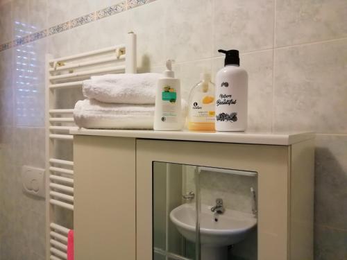 uma casa de banho com um lavatório e produtos de higiene pessoal numa prateleira em le terme sotto casa 2 free em Rapolano Terme