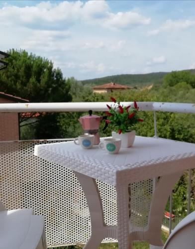 a white table with flowers on a balcony at le terme sotto casa 2 free in Rapolano Terme