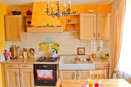 une cuisine avec un évier et une cuisinière four supérieur dans l'établissement Gîte des Prés de la Douce, à Essert