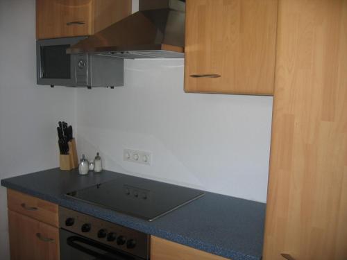 a kitchen with a stove top oven and a microwave at Haubis Ferienwohnungen in Podersdorf am See