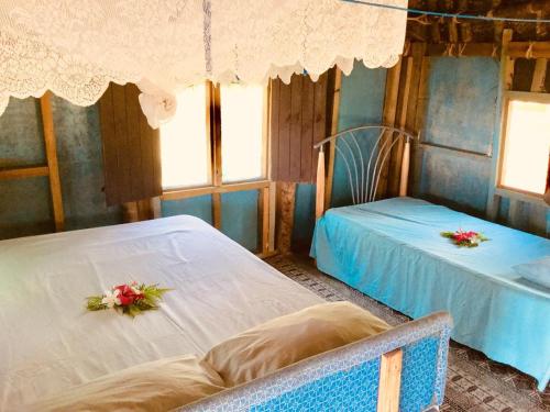 two beds in a room with blue walls and windows at Malakati Village Beach House in Nacula Island