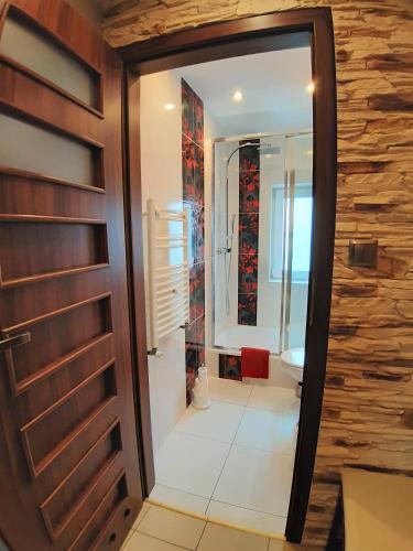 a bathroom with a wooden door and a mirror at Chillout in Stargard