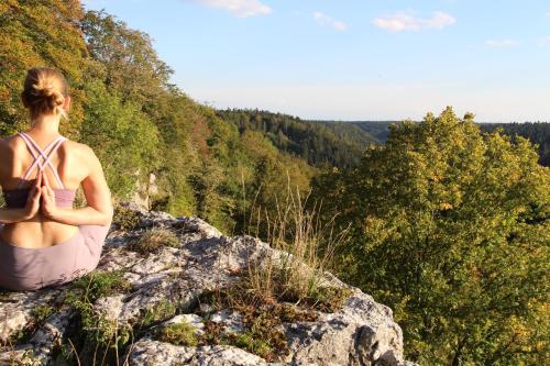 a woman sitting on a rock looking out over the forest at Hotel Traube Revital in Wurmlingen