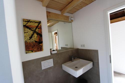 ein Bad mit einem Waschbecken und einem Spiegel in der Unterkunft Ferienhaus am Rheinsteig / Nähe Hindenburghöhe / Loreley in Lykershausen
