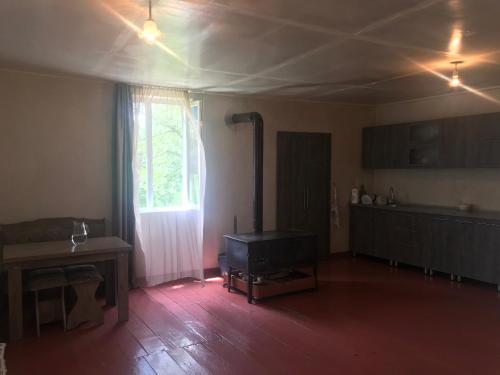 an empty living room with a television and a window at Ciuri's Guesthouse in Zhabeshi