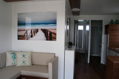 a living room with a couch and a painting of a pier at Floating House Marina Royal in Portorož