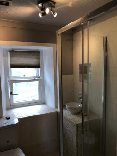 een badkamer met een toilet, een wastafel en een raam bij Saracen Head Hotel in Beith