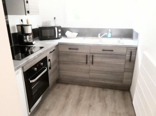 une petite cuisine avec un évier et un micro-ondes dans l'établissement Appartements Le Vivier 1er ou rez de chaussée avec parking, à Boulogne-sur-Mer
