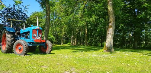 a tractor parked in a field next to a tree at Landhaus Pfahlershof in Karolinenkoog