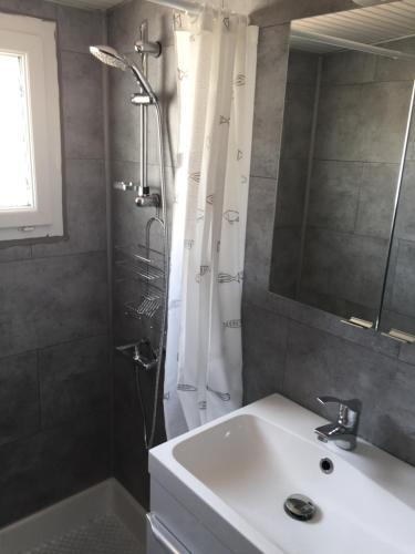 La salle de bains est pourvue d'un lavabo et d'une douche avec rideau de douche. dans l'établissement petite maison les sables d'olonne, à Les Sables-dʼOlonne