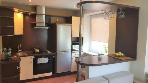 a kitchen with a counter and a table in it at Aukštaičių apartamentai in Rokiškis