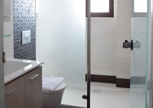 ein Badezimmer mit Toilette und Glasdusche in der Unterkunft Plytra Mare Hotel in Plitra