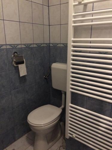 a bathroom with a white toilet in a room at Baross-hat in Szolnok