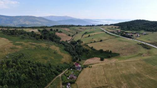 una vista aerea di un campo alberato e di una strada di Family House Rostovo a Čardaci