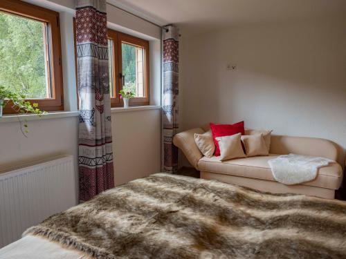 a living room with a couch and a window at Black Forest Apartements by Hotel Grüner Baum Feldberg in Feldberg